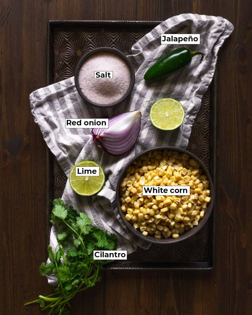 ingredients needed for roasted chili corn salsa, red onion, white corn, jalapeno, lime, salt, and cilantro on a tray