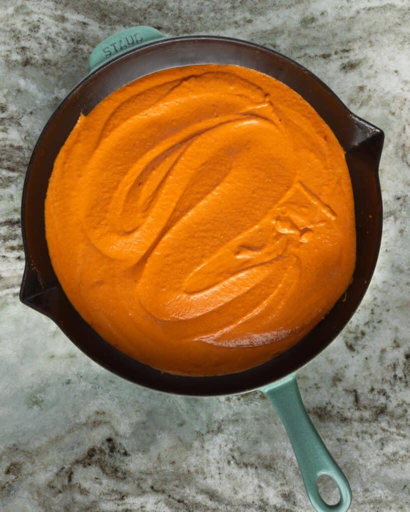 smooth and creamy spicy vodka sauce in a skillet