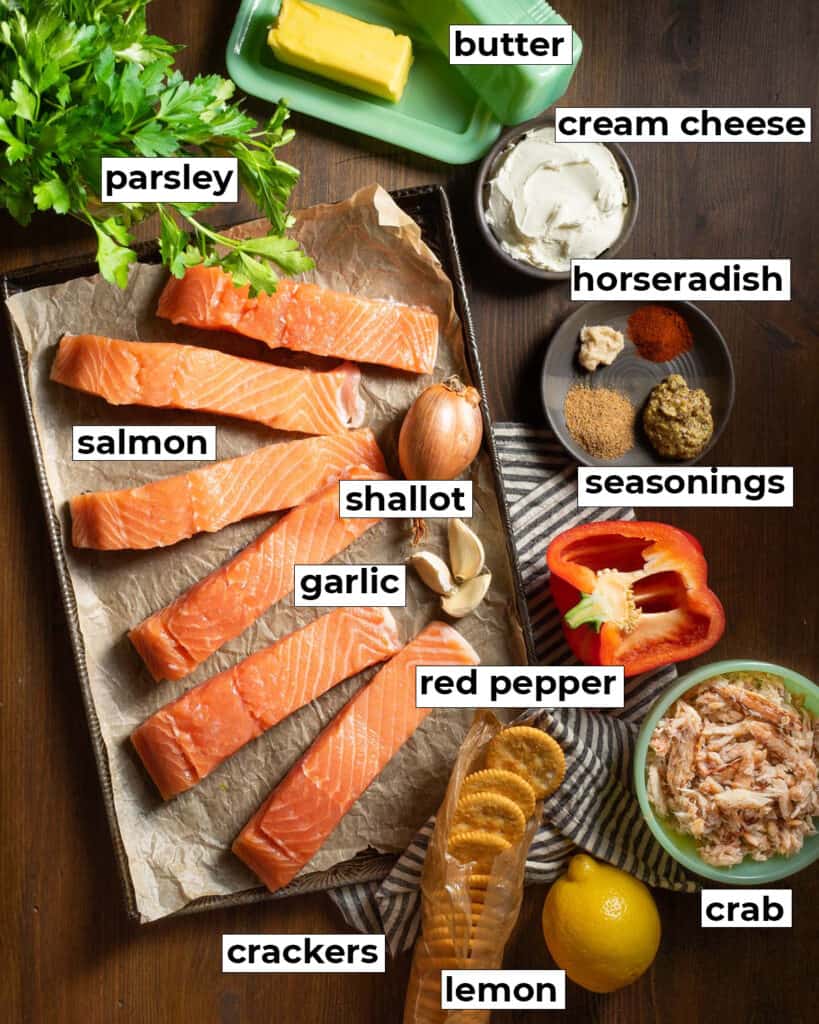 labeled Ingredients for cajun crab stuffed salmon