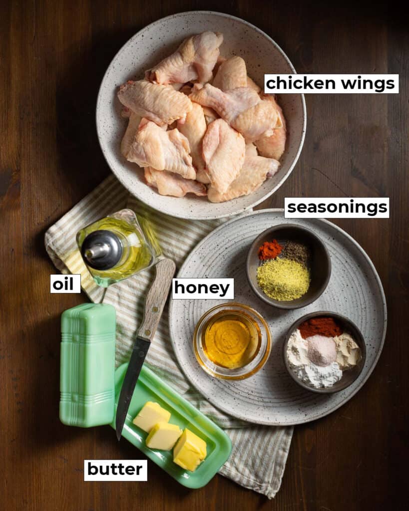 Labeled ingredients for honey lemon pepper wings.