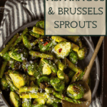 A bowl of Roasted Asparagus & Brussels Sprouts with parmesan.