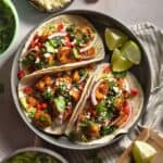 Chimichurri Shrimp Tacos in a gray serving tray.