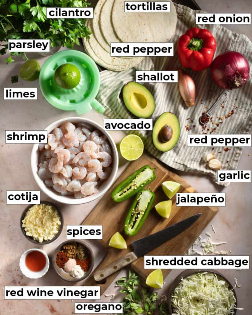 Labeled ingredients for Chimichurri Shrimp Tacos.