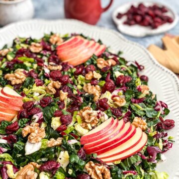 A bowl of harvest chopped salad with walnuts, apples, and cranberries.
