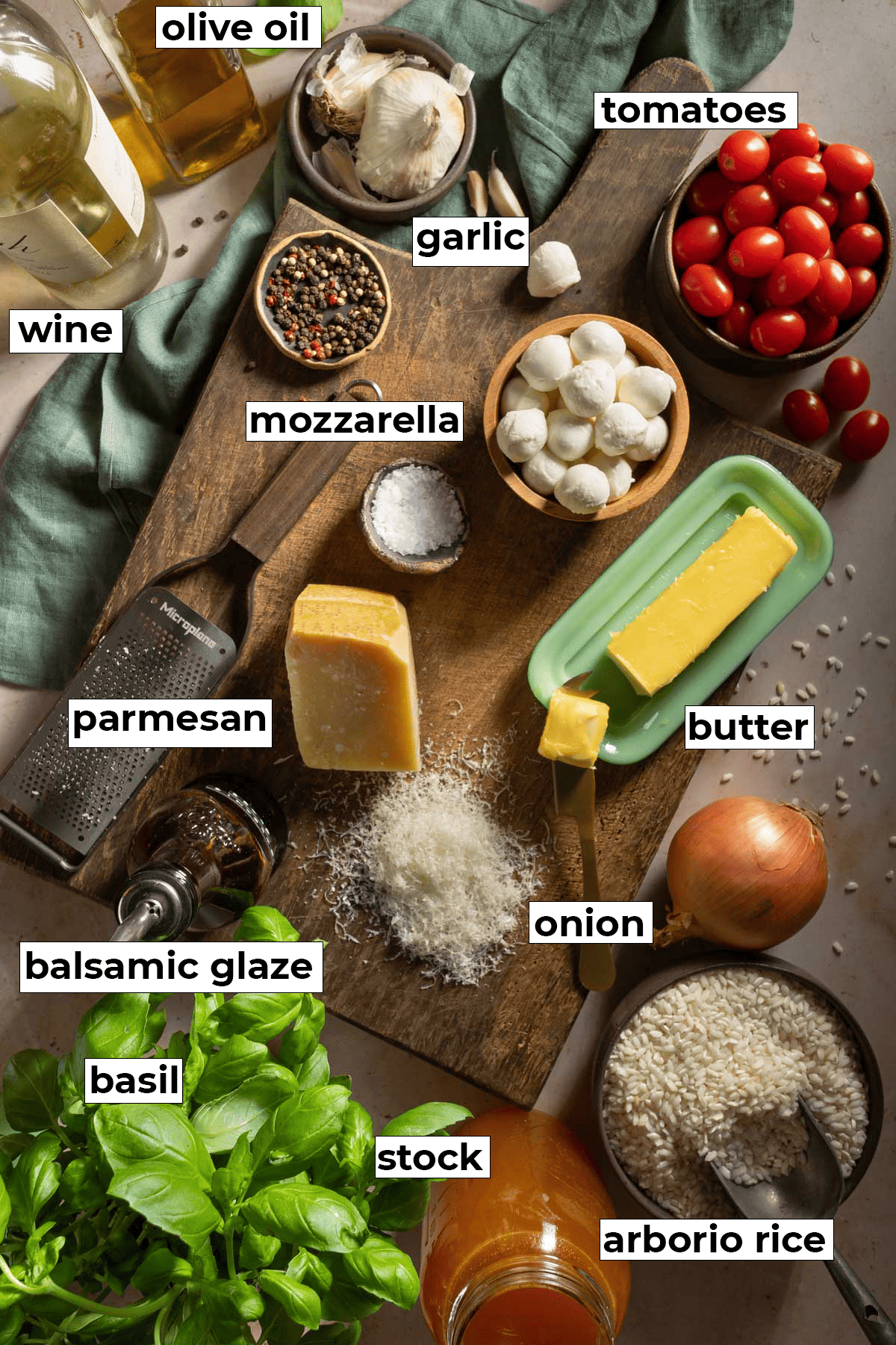 Labeled ingredients for caprese risotto.
