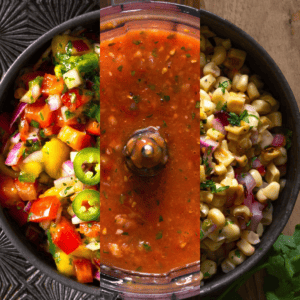 A collage photo showing mango salsa, habanero salsa, and corn salsa.