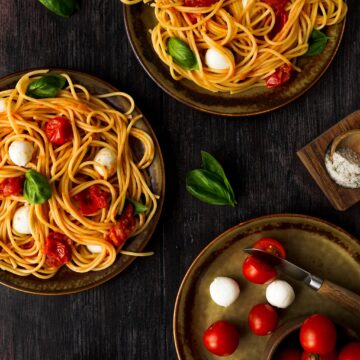 Cherry Tomato Mozzarella Spaghetti on a plate.