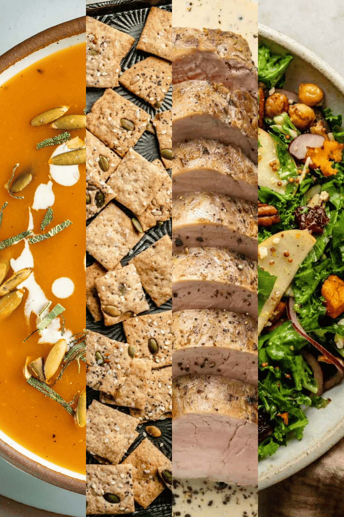 A collage of butternut squash soup, crackers, pork loin, and salad.