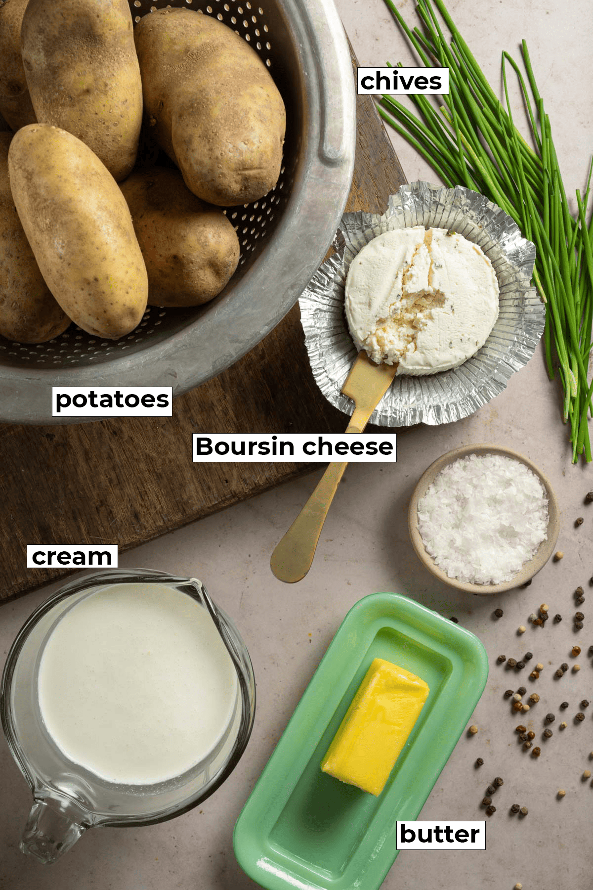 Labeled ingredients for boursin mashed potatoes.