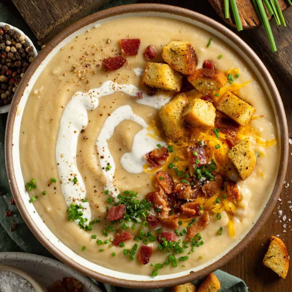 An up close bowl of potato soup topped with bacon, cream, chives, pepper, and croutons.