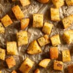 Up close golden brown buttery croutons.