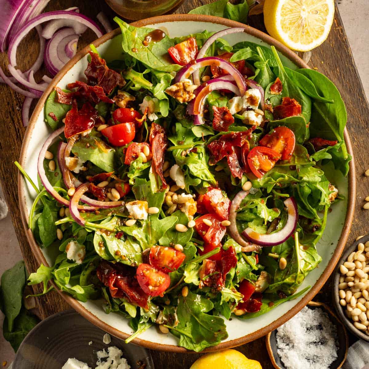 Spinach Arugula Salad with Crispy Prosciutto