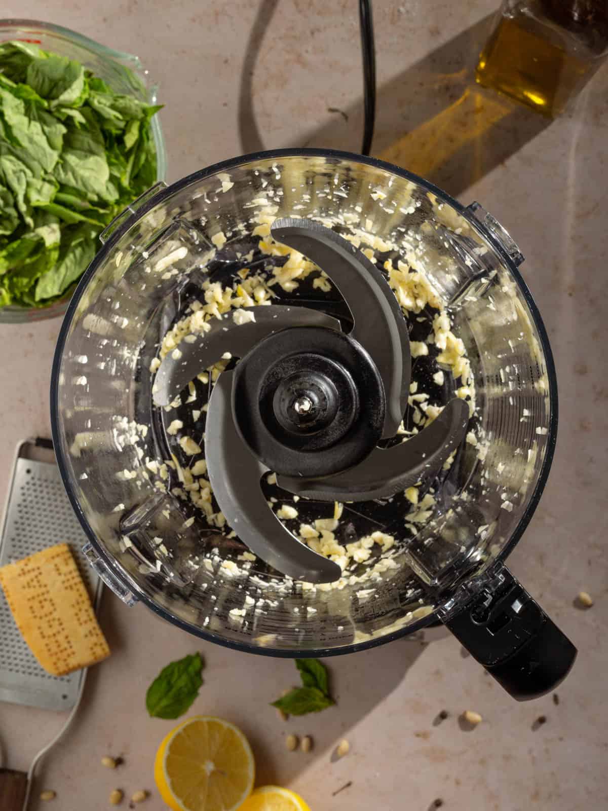 Chopped garlic in a food processor.