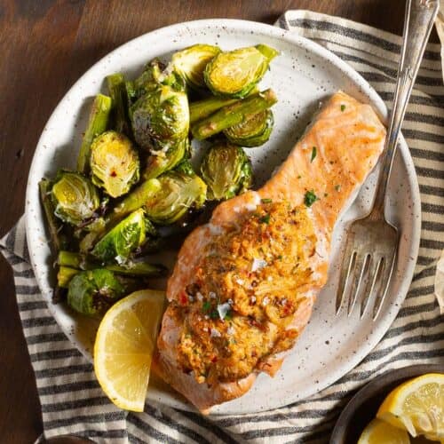 Cajun crab stuffed salmon and brussels on a plate