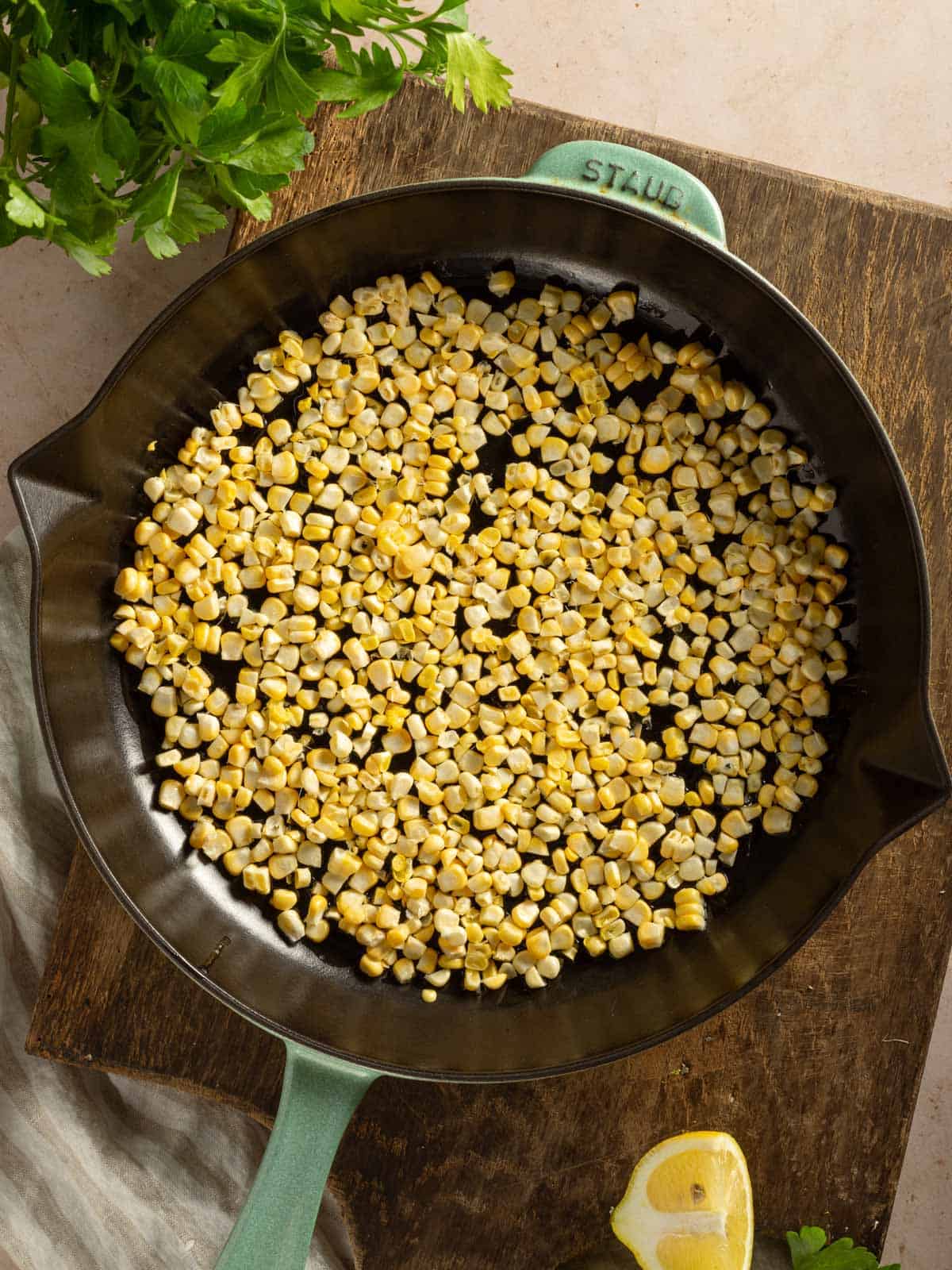 Corn in a cast iron skillet.