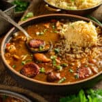Authentic Louisiana chicken and sausage gumbo recipe in a bowl.