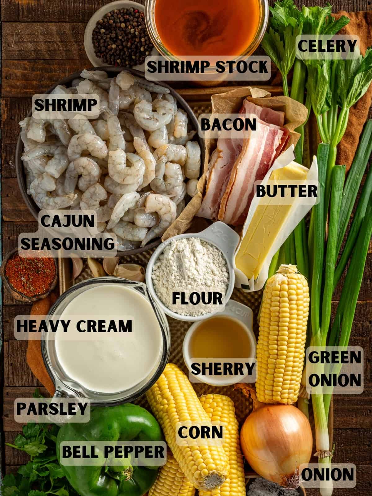 Labeled Ingredients for corn and shrimp bisque.