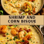 A bowl of corn and shrimp bisque with green onions, bacon, and fresh herbs.