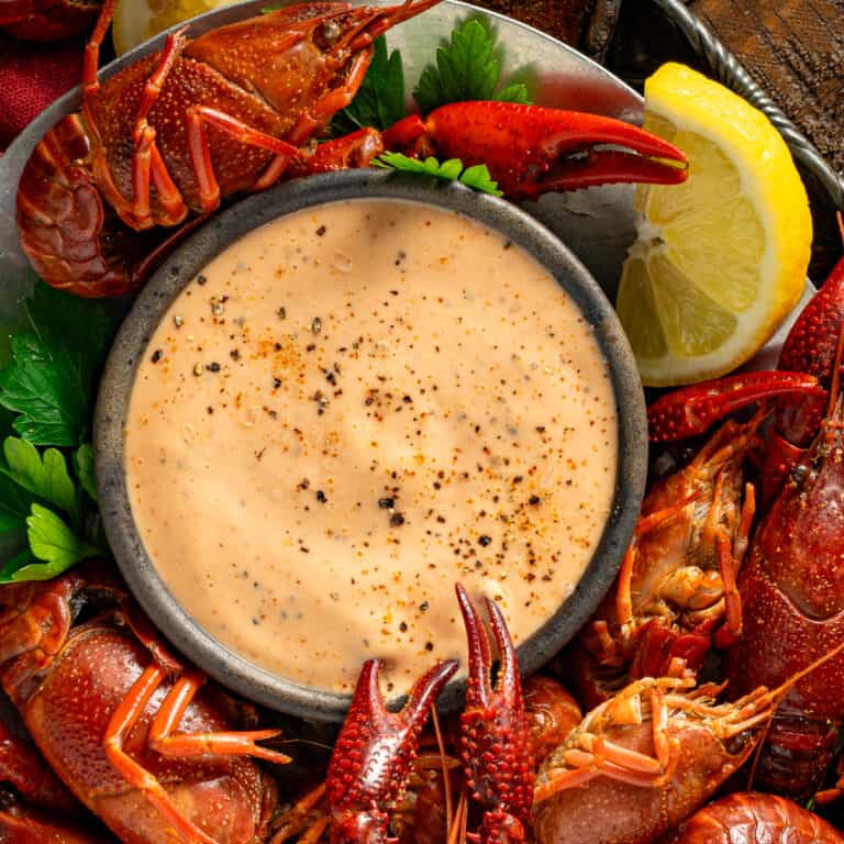 A bowl of crawfish dipping sauce on a tray with crawfish.