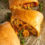 Crawfish bread sliced showing the filling.