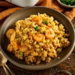 A plate of shrimp and mirliton dressing.