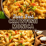 A bowl of crawfish Monica with crawfish in a creamy sauce.