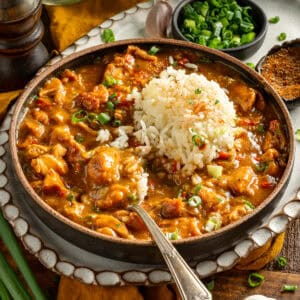 A bowl of chicken étouffée and rice with a spoon ready for a bite.