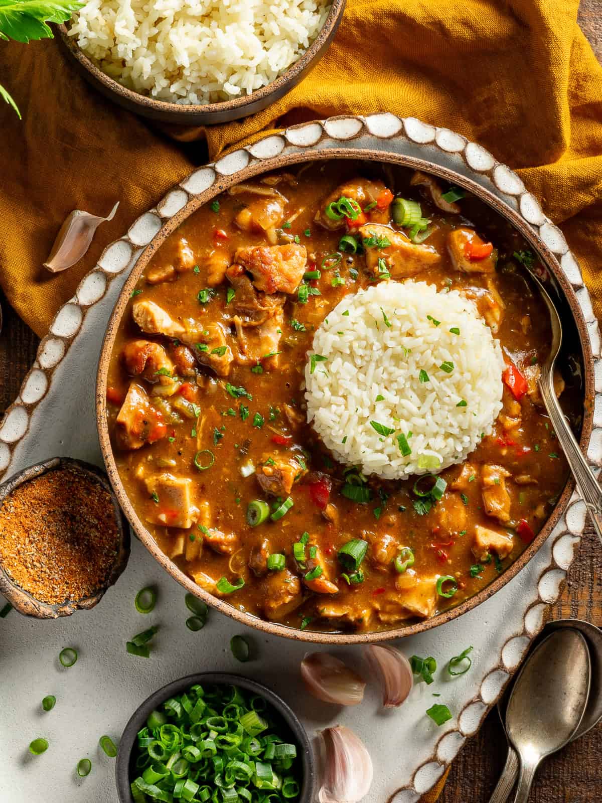 A bowl of chicken étouffée with rice topped with green onions.