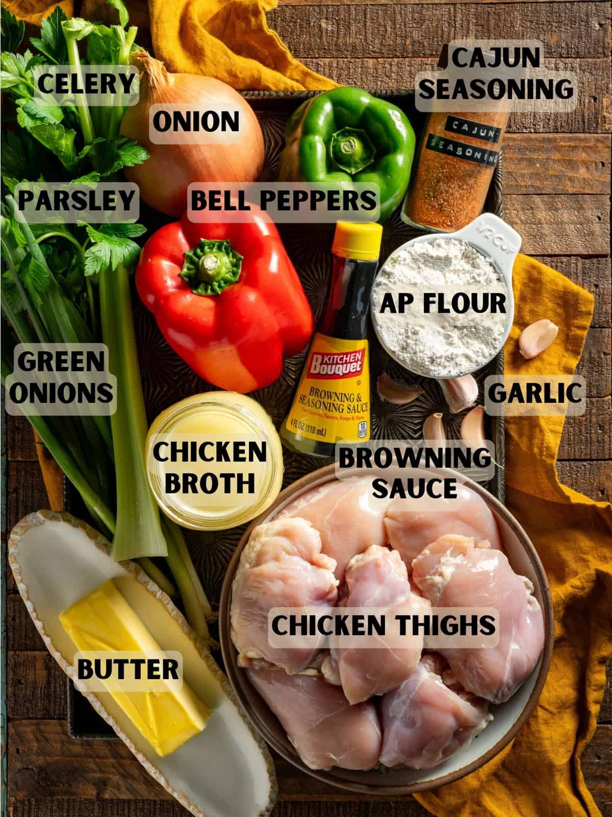 Labeled Ingredients for chicken étouffée.
