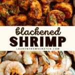 Blackened shrimp with a blackened crust and raw shrimp ready to be peeled.