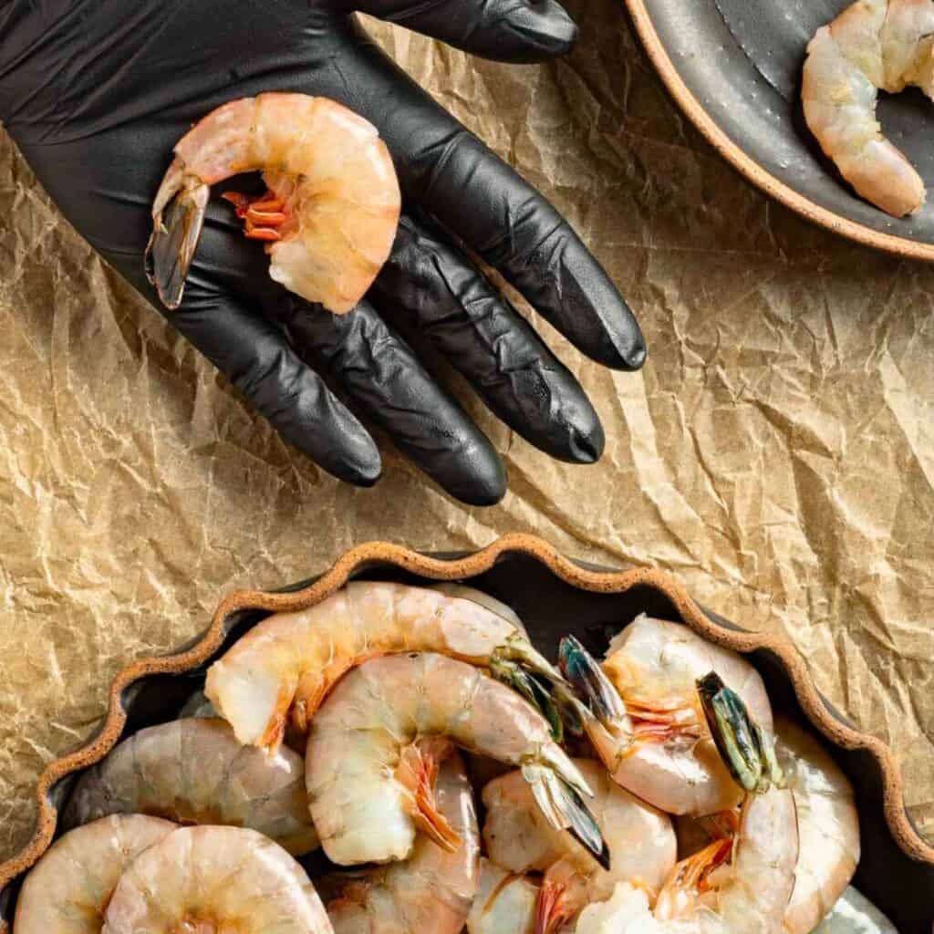 A large shrimp in a gloved hand.