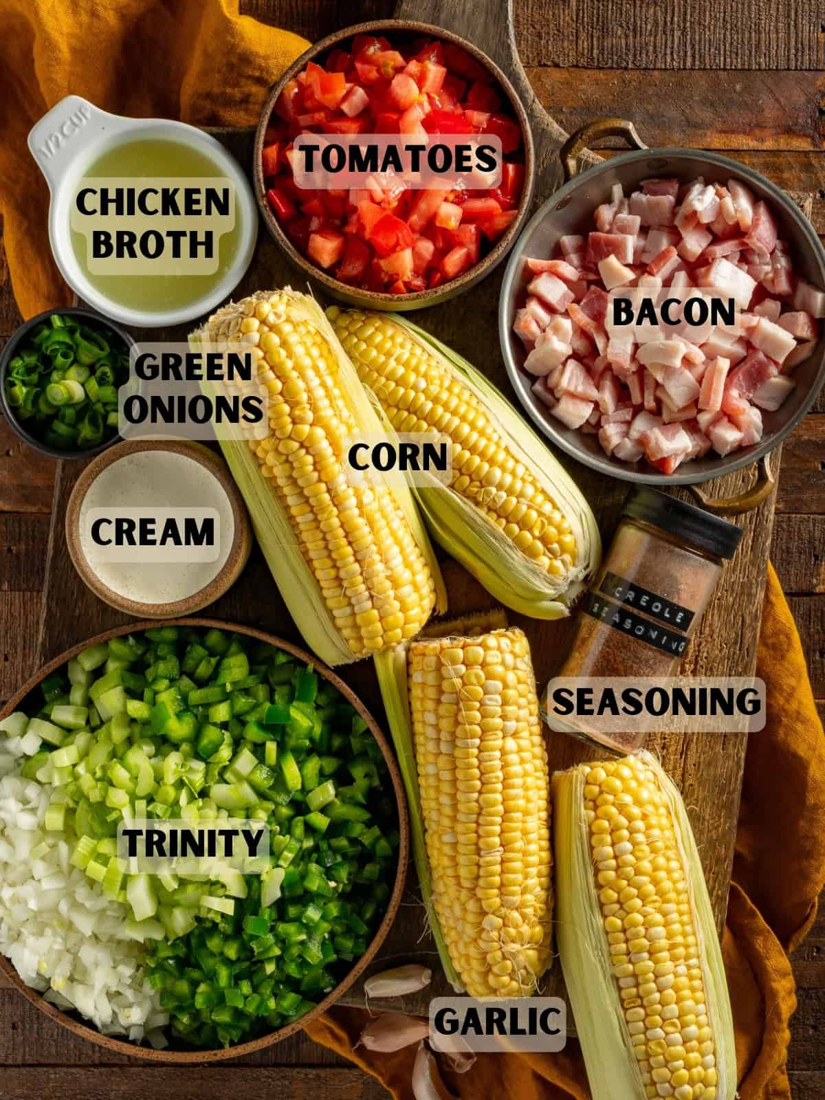 Labeled Ingredients for corn maque choux.