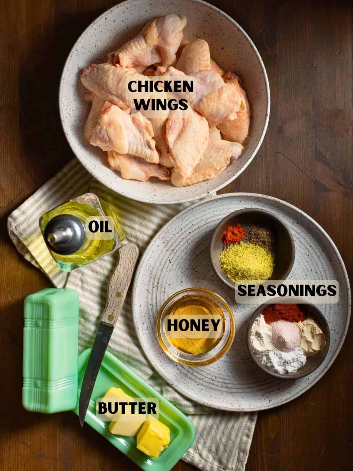 Labeled Ingredients for honey lemon pepper wings.