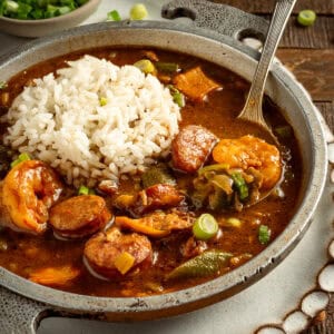 Slow cooker gumbo with shrimp, chicken, sausage, and okra.