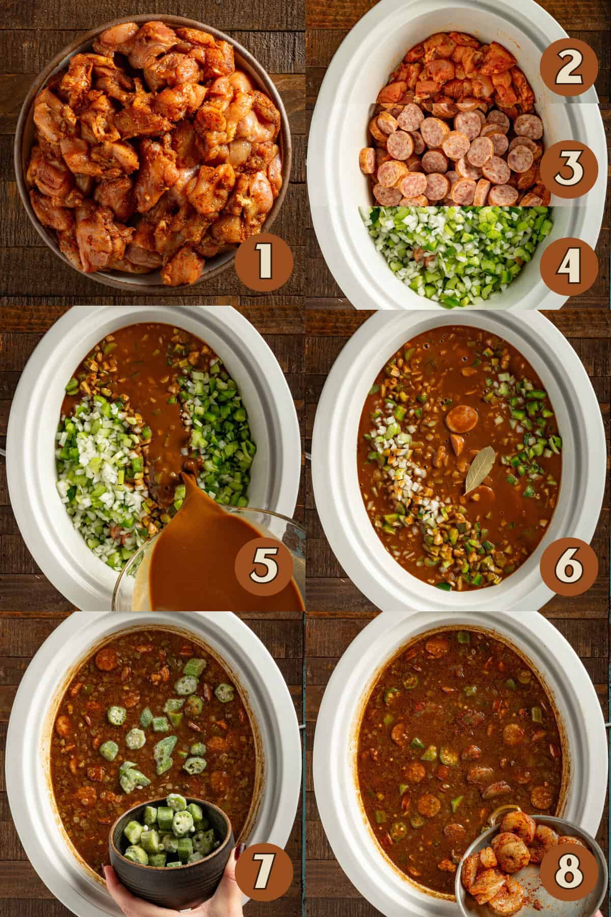 Steps for making gumbo in a crock pot slow cooker.