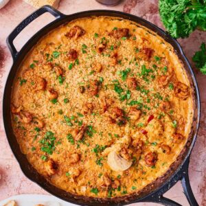A skillet of crawfish dip.