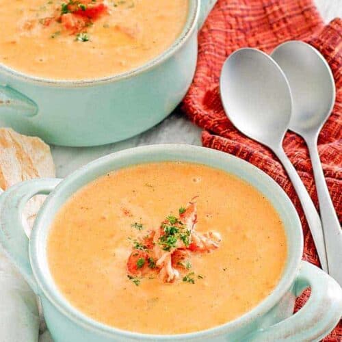 Two bowls of crawfish bisque.