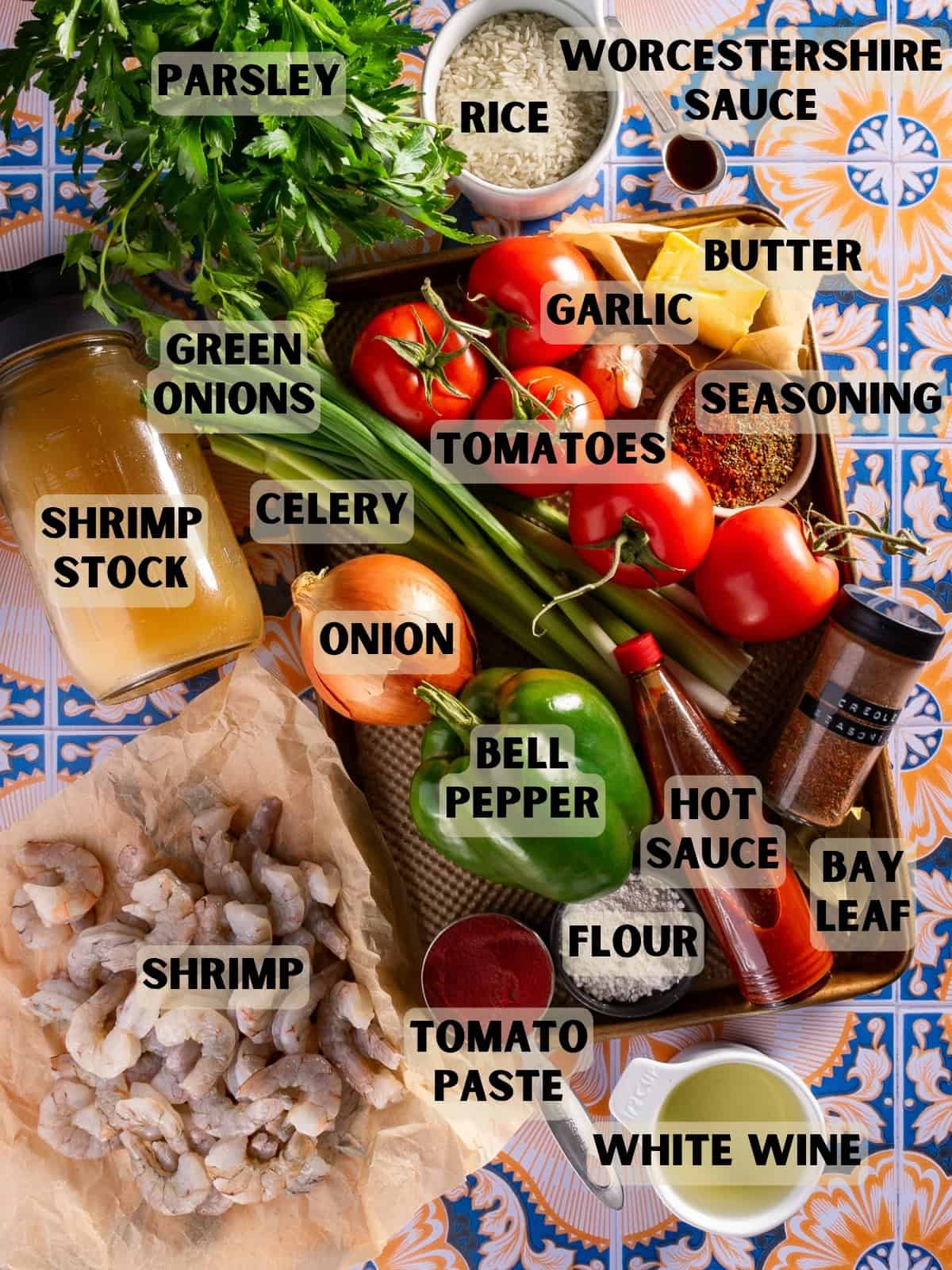 Labeled Ingredients needed to make shrimp creole.