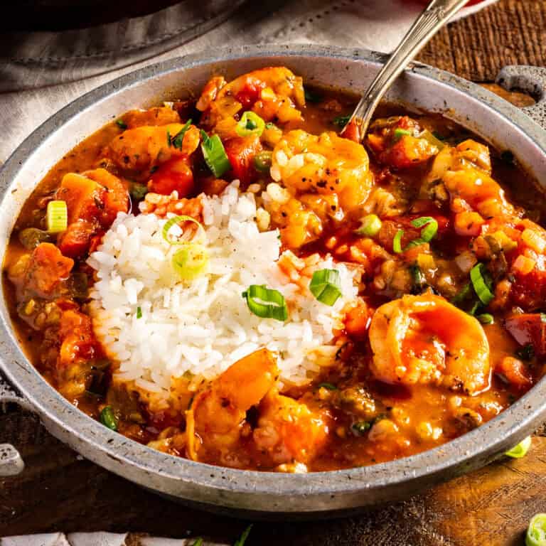 A bowl of authentic New Orleans shrimp creole topped with green onions.