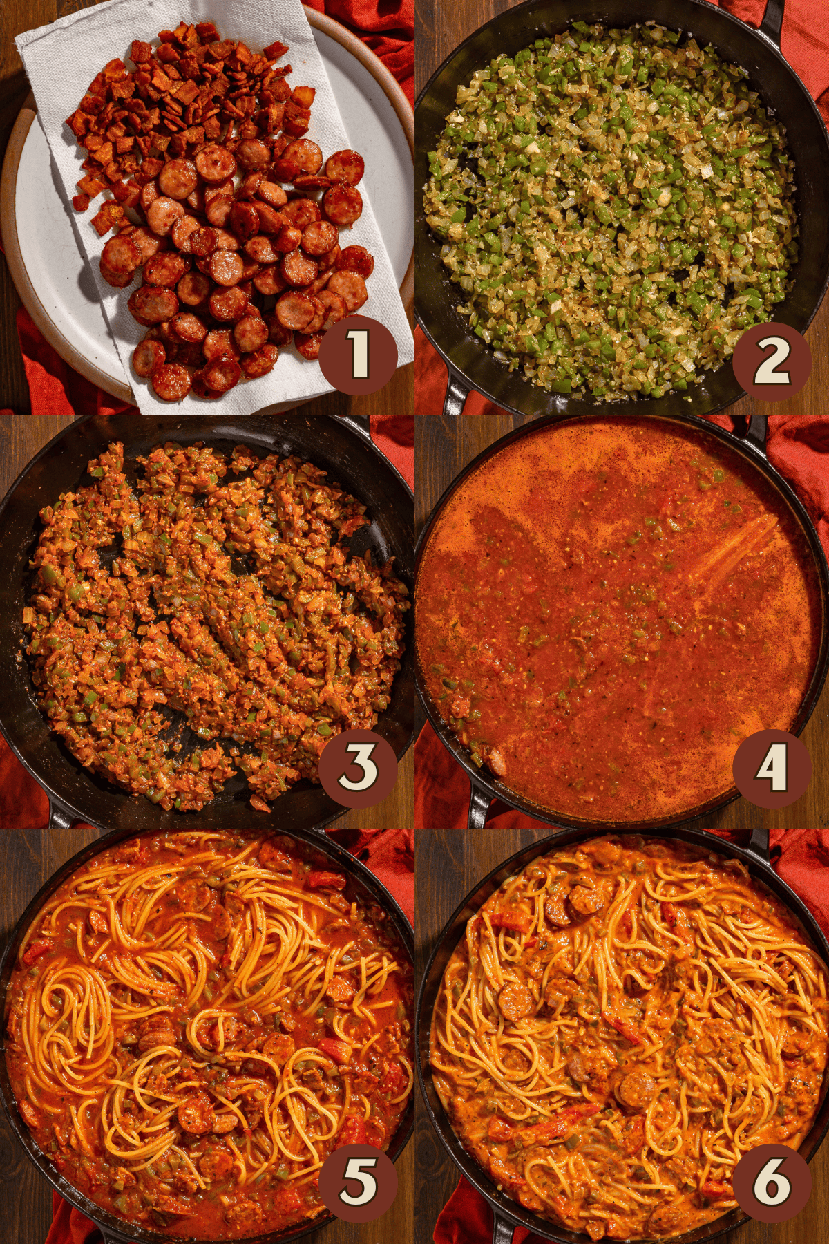 Process steps for making cajun sausage spaghetti.