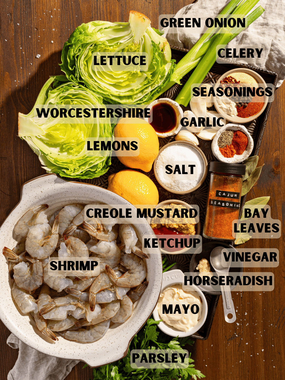 Labeled Ingredients to make shrimp remoulade.