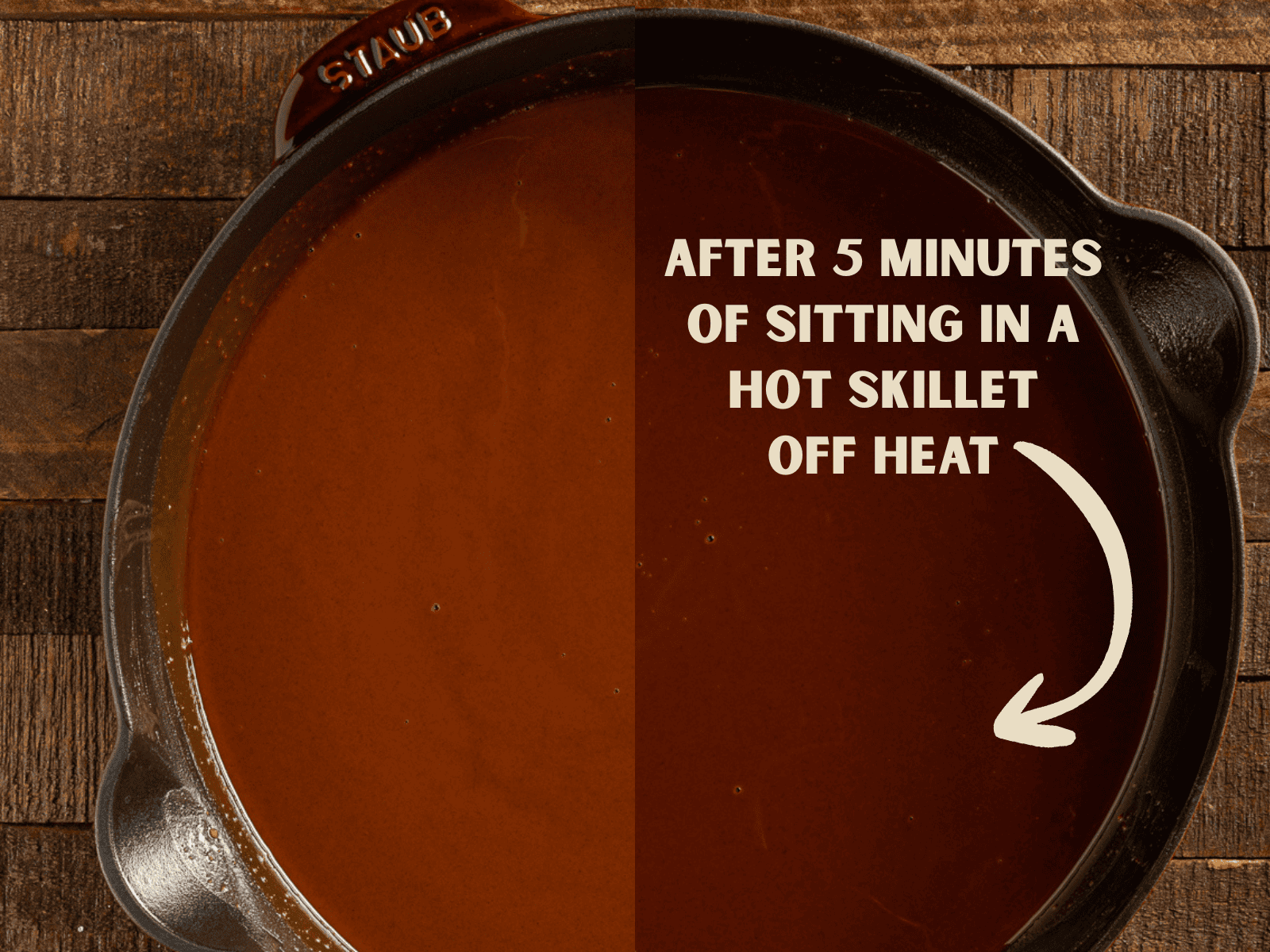 A skillet showing roux darken after a few minutes.