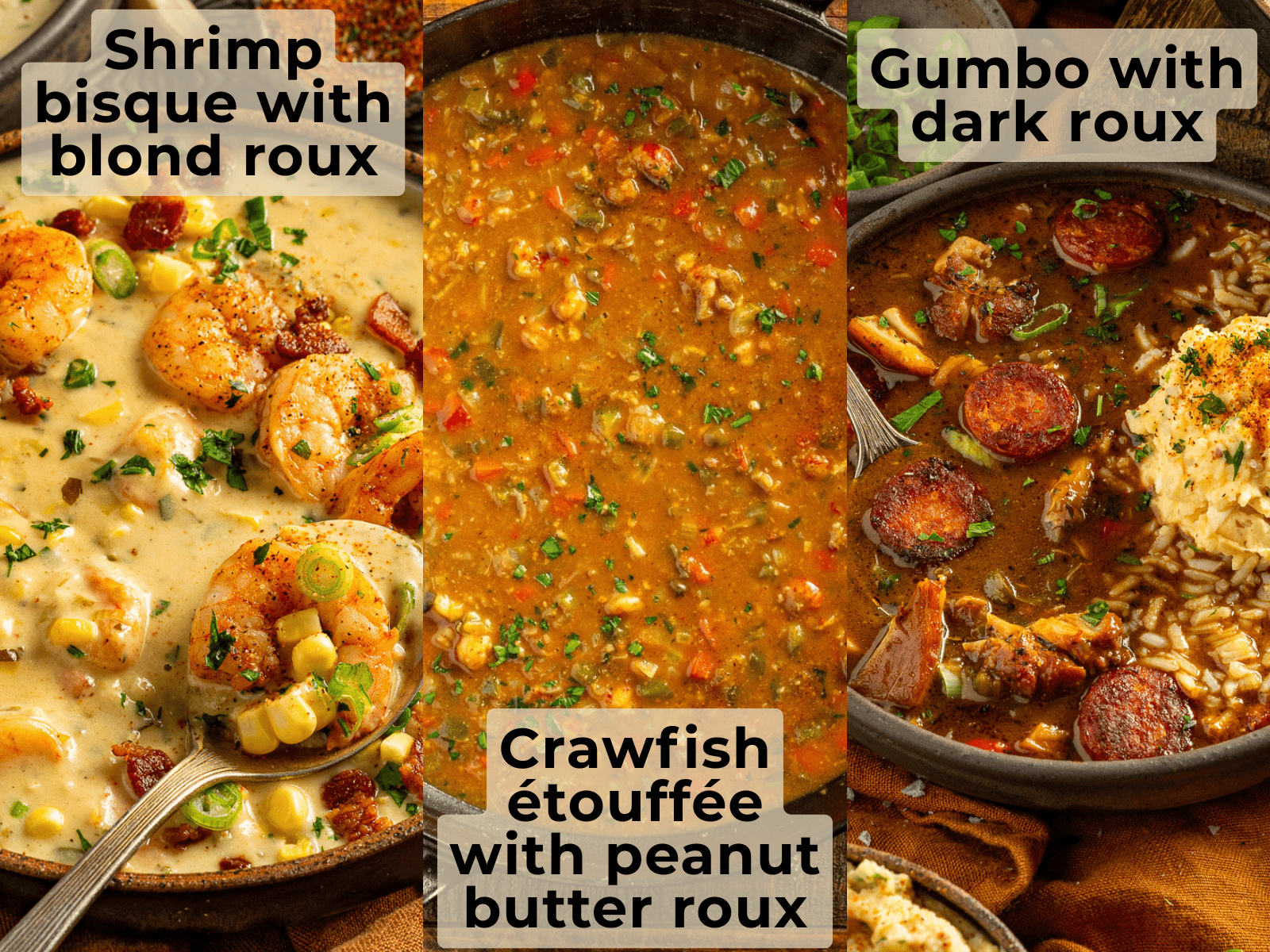 Dishes showing blond, brown, dark roux.