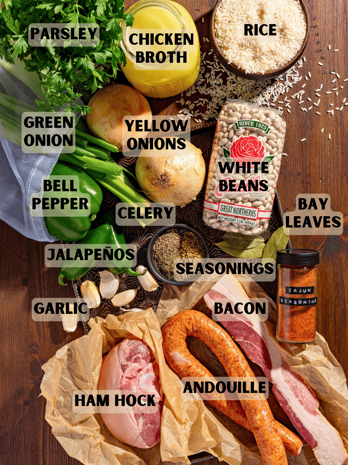 Labeled Ingredients for white beans and rice.