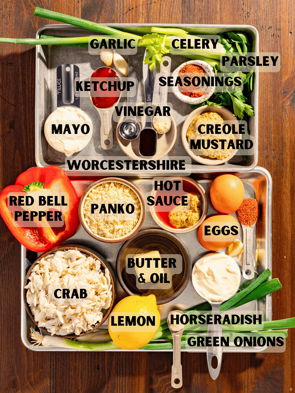 Labeled Ingredients needed to make crab cakes and remoulade sauce.