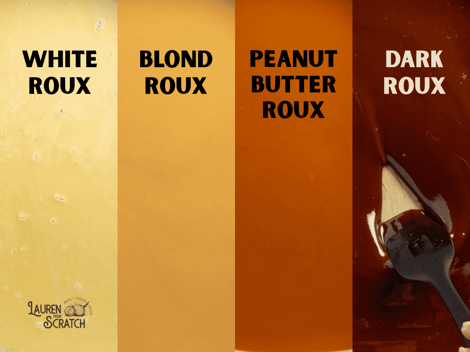 The stages of roux colors: white, blond, peanut butter, and dark.