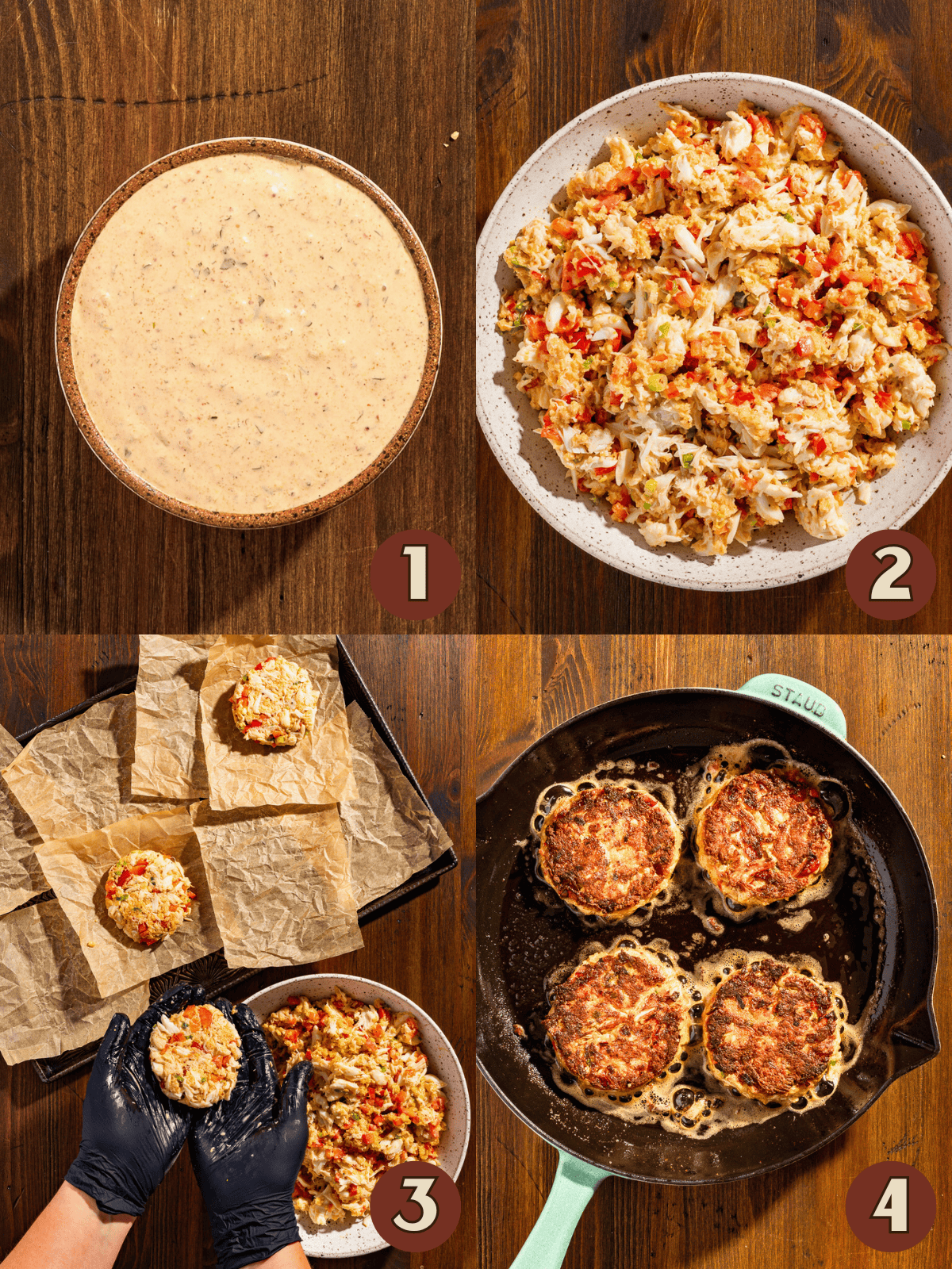 Step by step photos on how to make crab cakes.