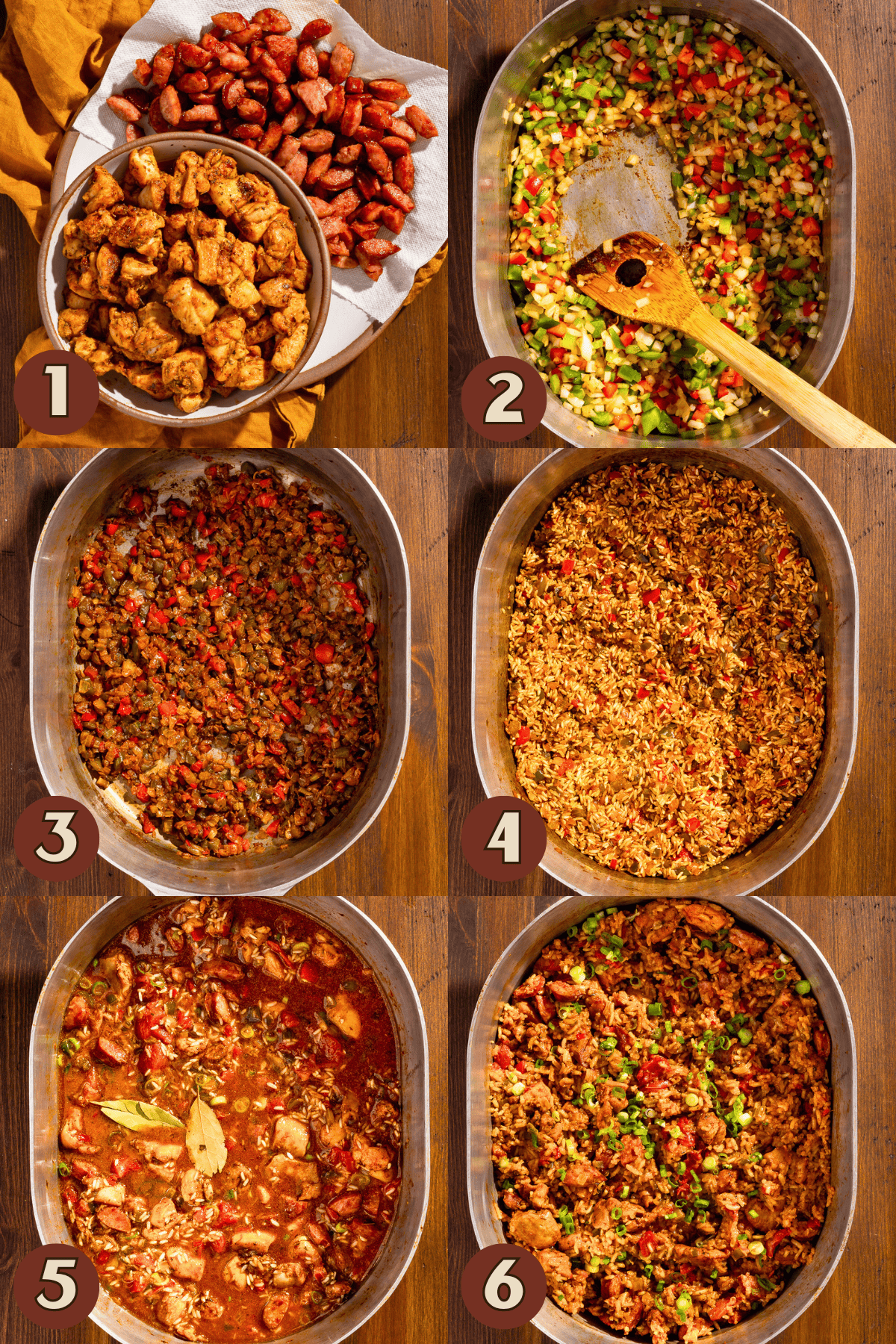 Steps for making chicken and sausage jambalaya.