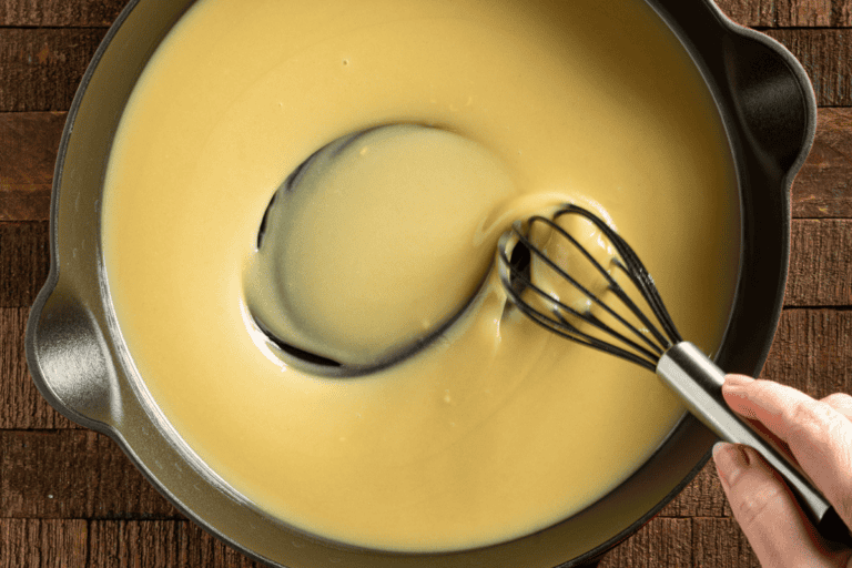Whisking roux in a skillet.