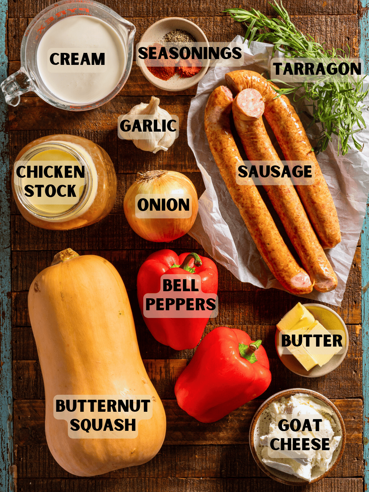 Labeled Ingredients for butternut squash bisque